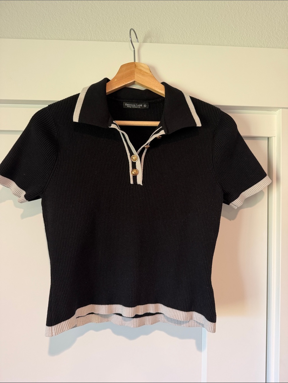 Emerson Lang Black Short-Sleeve Ribbed Polo with White Trim